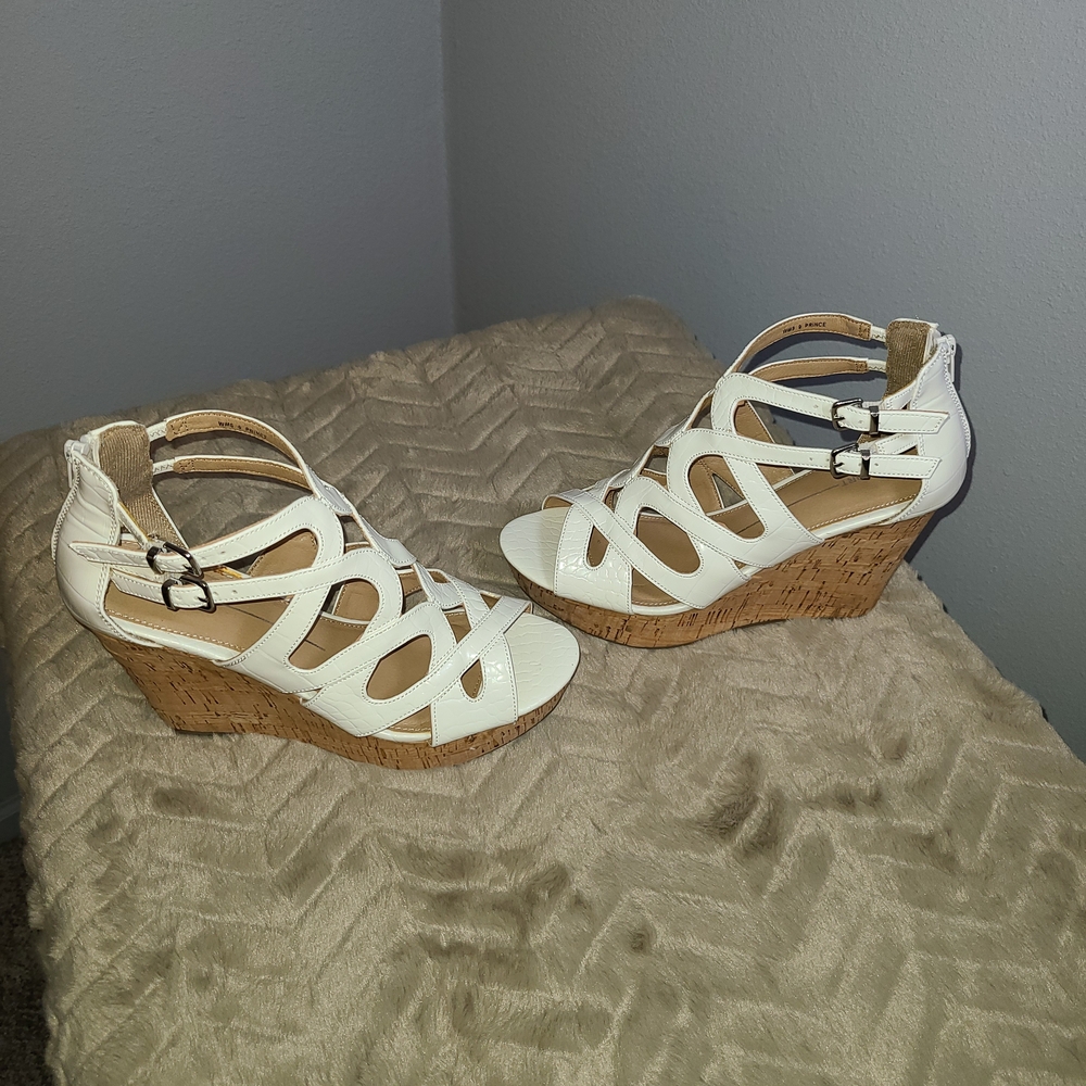 Report White Strappy Wedge Sandals